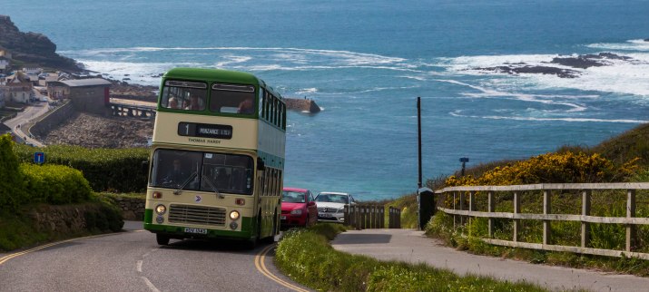 Bristol VRT 'Thomas Hardy' VDV 134S, preserved by North Somerset Coaches, climbs out of Sennen Cove whilst working service 1 Lands End-Penzance during the 'VR Revival' running day. 19/04/15